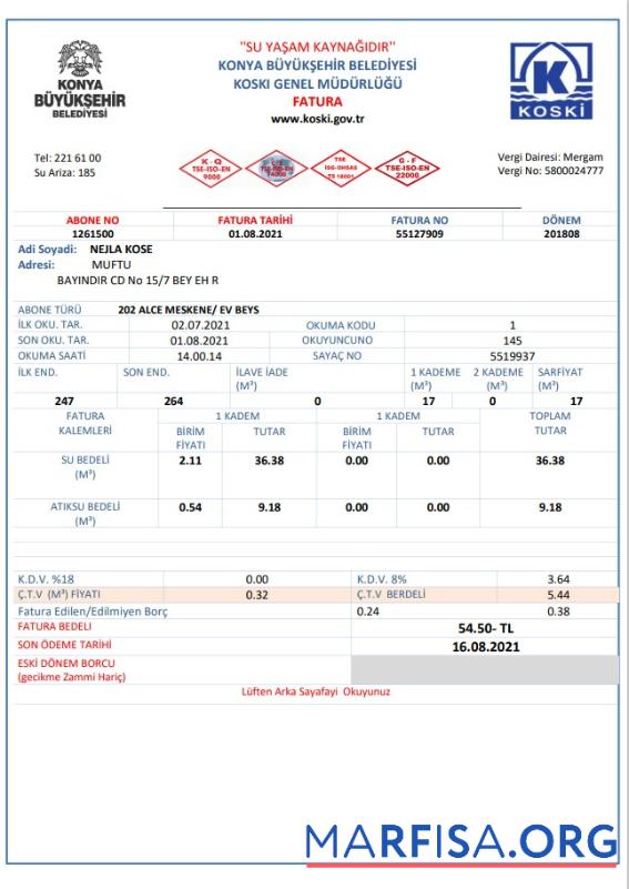 Realistic Turkey water utility bill template in Word and PDF format